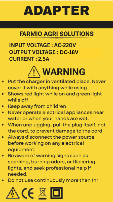 18v AC to DC Adapter for Farmio Grass Cutting Machine