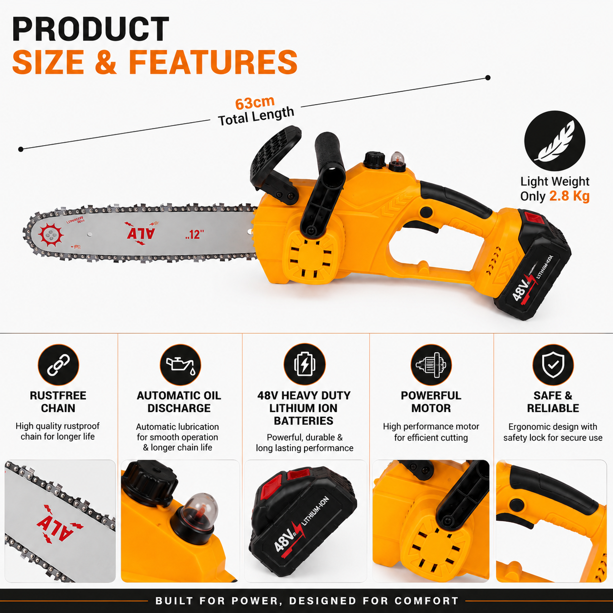 ALF Brushless Powerful 12" Chainsaw with Lithium 48v Dual Battery