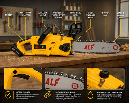 ALF Brushless Powerful 12" Chainsaw with Lithium 48v Dual Battery